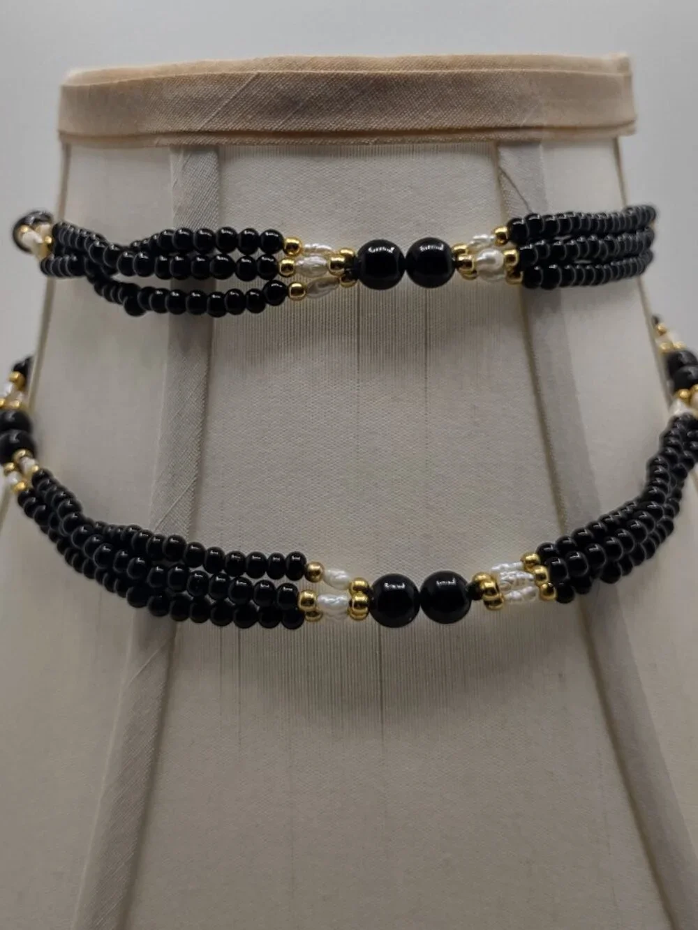 Necklace Black Onyx Beads + 10kt Gold Beads + Freshwater Pearls 30